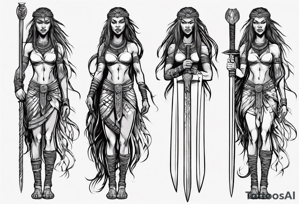 African female Viking valkyre angel full body 
slim long face small mouth long braided hair holding sword tattoo idea