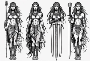 African female Viking valkyre angel full body 
slim long face small mouth long braided hair holding sword tattoo idea