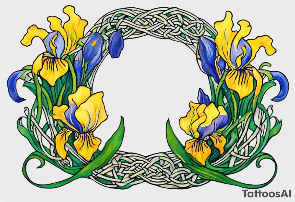 Create a small, colorful Vincent van Gogh Irises tattoo in the form of a crescent, with vines in Celtic knot style gracefully intertwining at a central point in the middle of the wreath. The intended placement is on the upper chest. The middle needs mountains. The overall design should be small in size while maintaining a delicate and artistic aesthetic. Pay attention to the graceful flow of the vines and the placement of the irises to achieve a refined and elegant look. tattoo idea