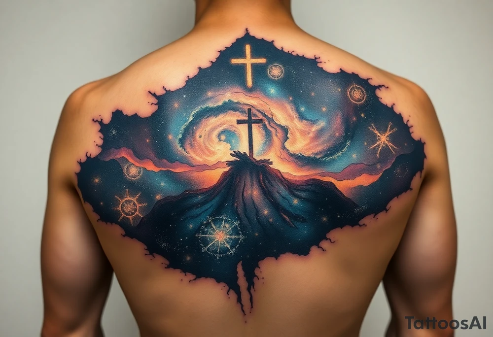 Beautiful and epic 3d milky way that appears to be what is beneath the skin. Make it drape over the shoulder and move to the middle back. use negative spaces to create stars and dust. Incorporate God breathing life into the universe. IKeep it symmetrical tattoo idea