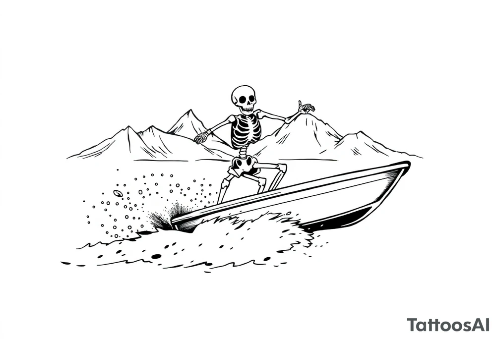 simple skeleton wakeboarding behind boat, holding onto waterspouts rope handle with one hand, simple mountains in the background tattoo idea