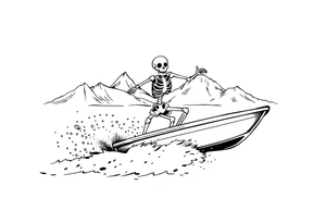 simple skeleton wakeboarding behind boat, holding onto waterspouts rope handle with one hand, simple mountains in the background tattoo idea