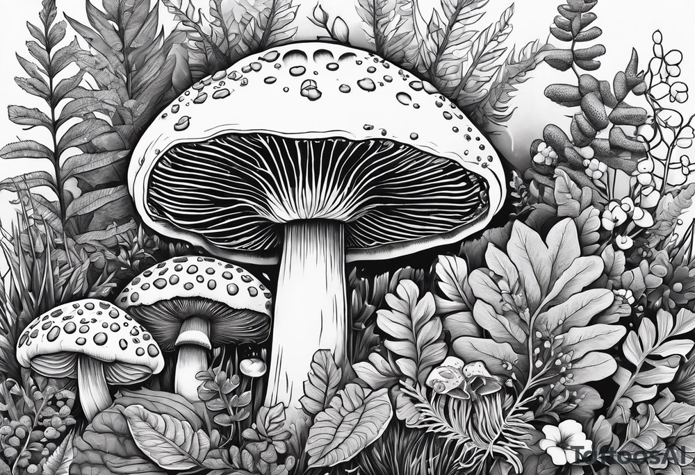 Botanical, wildlife, mushroom, bumble bee, moth, fern tattoo idea