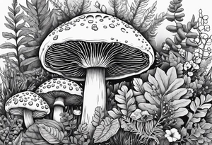Botanical, wildlife, mushroom, bumble bee, moth, fern tattoo idea