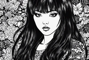 portrait of tomie by the author junji ito standing menacingly staring at the viewer.  a mole underneath her left eye tattoo idea