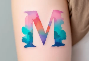 A watercolor "M" in blended shades of teal, lavender, and coral, with a brushstroke effect. tattoo idea