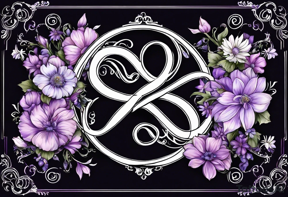 Infinity symbol made with violet, rose, larkspur and aster birth flowers on one
 side of the symbol the date 8.30.1997 on the other side tattoo idea