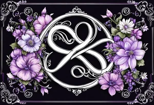 Infinity symbol made with violet, rose, larkspur and aster birth flowers on one
 side of the symbol the date 8.30.1997 on the other side tattoo idea
