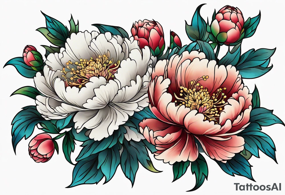 Shoulder and forearm tattoo for woman. Japanese style peony flowers bunch with stems extended to the forearm. Lightly coloured. Thin lines. tattoo idea