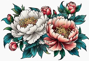 Shoulder and forearm tattoo for woman. Japanese style peony flowers bunch with stems extended to the forearm. Lightly coloured. Thin lines. tattoo idea