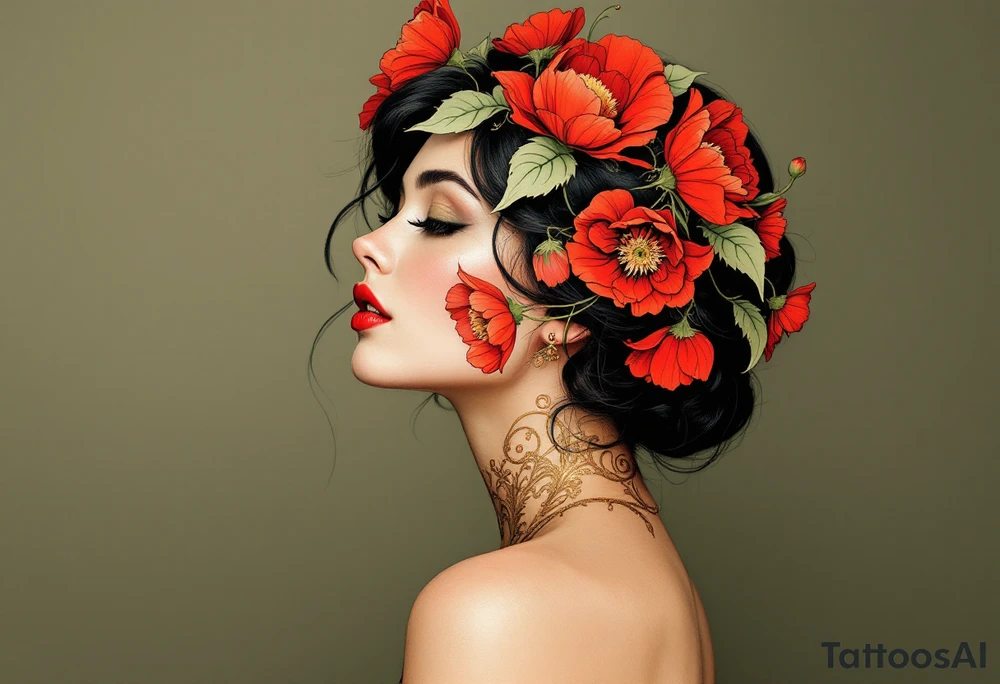 Alfons Mucha’s elegant profile of a woman crowned with crimson poppies and pale green leaves, with golden decorative scrollwork. tattoo idea
