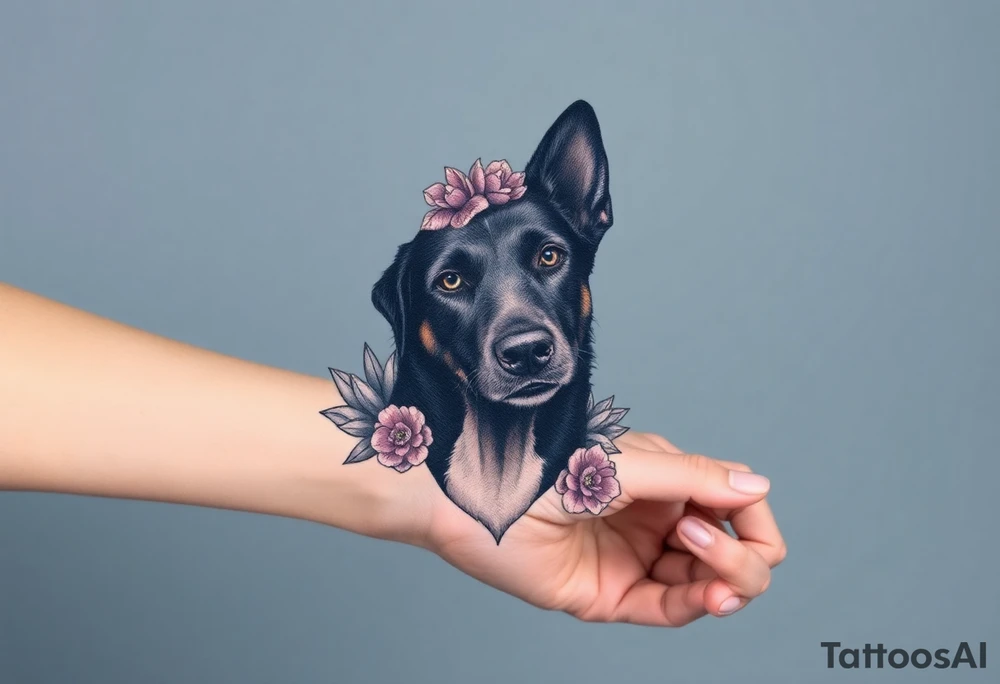 merle black austrailian cattle dog with succulents and flowers surrounding his head tattoo idea
