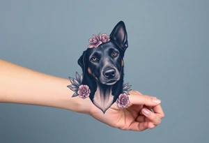 merle black austrailian cattle dog with succulents and flowers surrounding his head tattoo idea