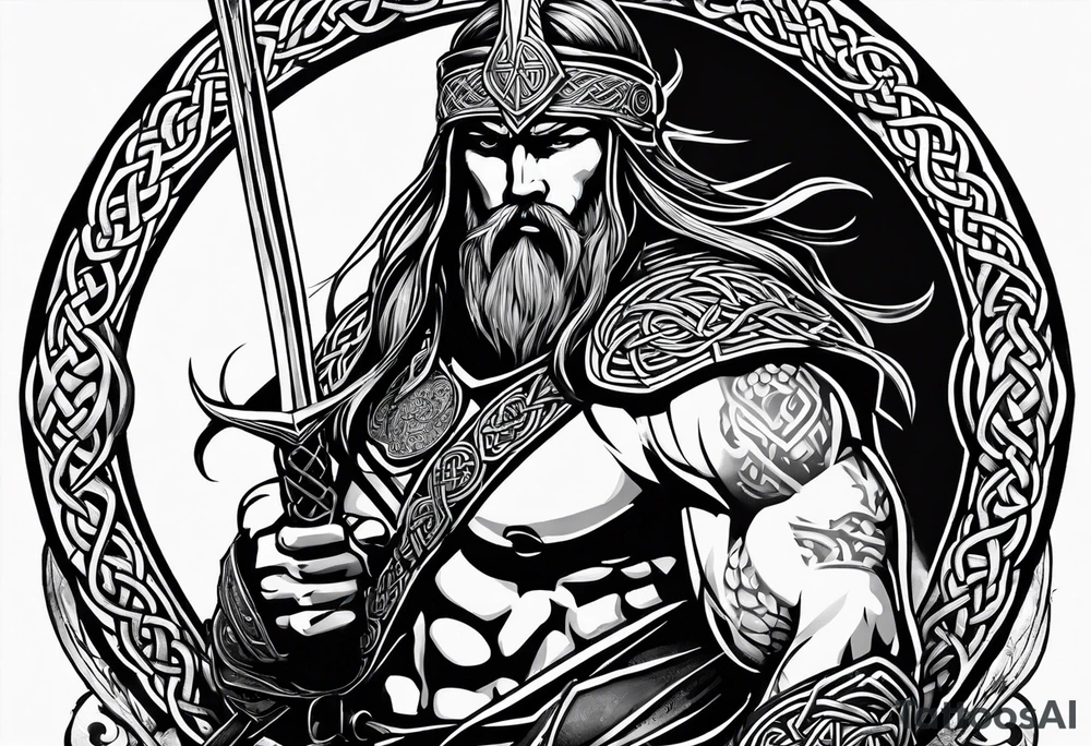 Full body side profile of Celtic warrior with weapons drawn tattoo idea