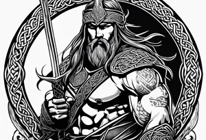 Full body side profile of Celtic warrior with weapons drawn tattoo idea