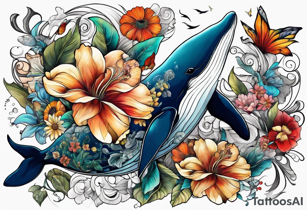 flowers, collage, whale and hummingbird tattoo idea