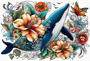 flowers, collage, whale and hummingbird tattoo idea