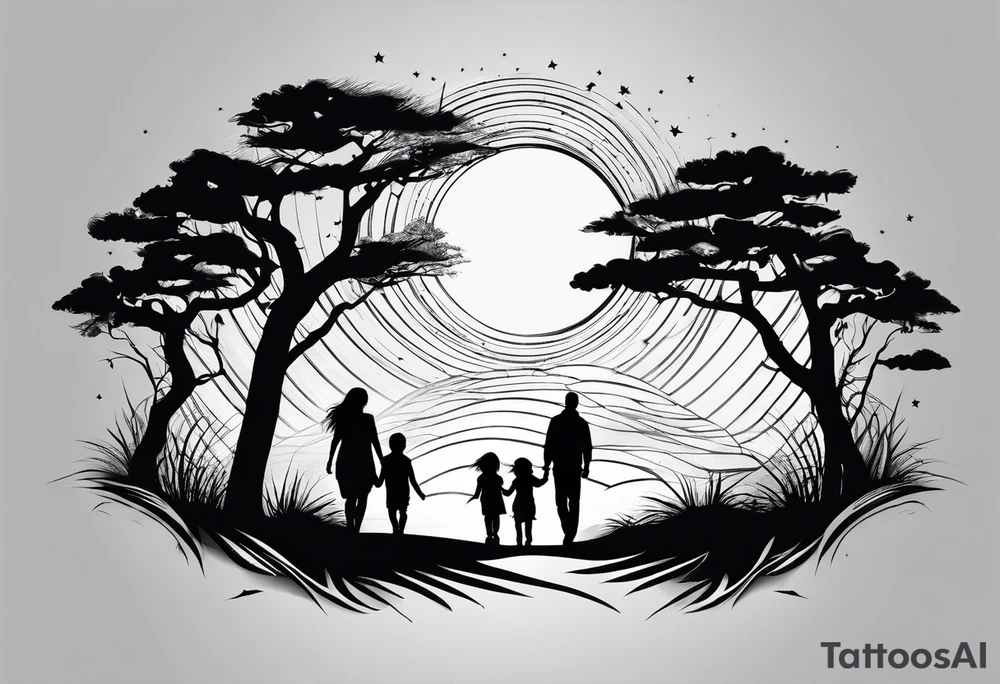 sleeve tattoo sun rays with windy road and dad, daughter and son silhouette tattoo idea