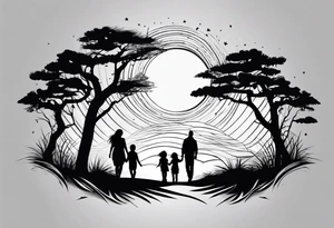 sleeve tattoo sun rays with windy road and dad, daughter and son silhouette tattoo idea