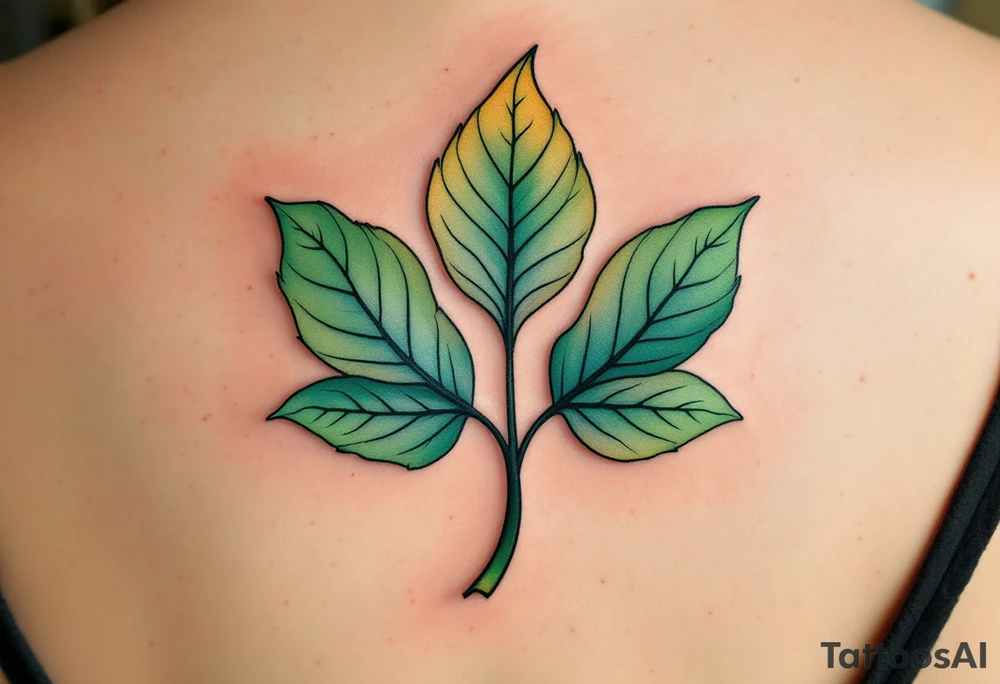 Bodhi leaf in earthy green and warm brown, symbolizing enlightenment under the Bodhi tree. tattoo idea