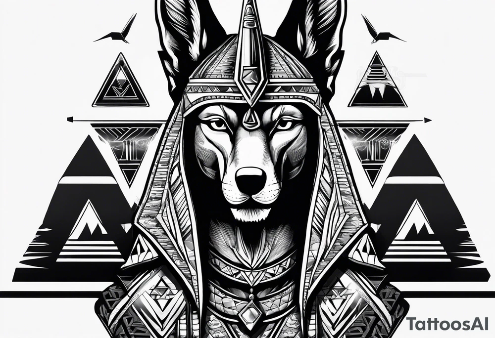 Strict Anubis portrait with pyramids on the background tattoo idea