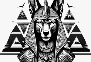 Strict Anubis portrait with pyramids on the background tattoo idea