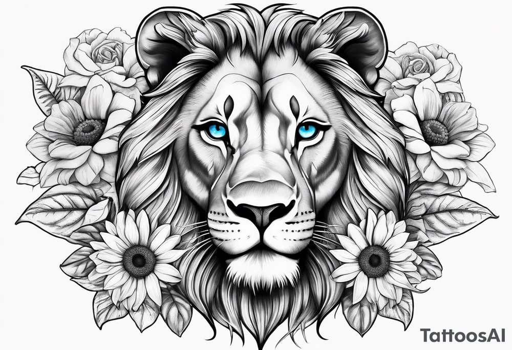 Lion with blue eyes with sunflowers, roses, gerberas and lillys. Including pocket watches. tattoo idea
