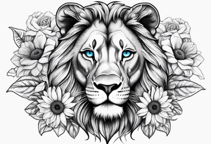 Lion with blue eyes with sunflowers, roses, gerberas and lillys. Including pocket watches. tattoo idea