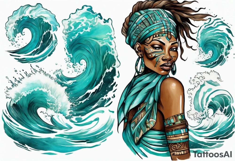 a beautiful turquoise african face emerging from an ocean wave, crashing onto the shore tattoo idea