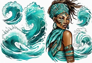 a beautiful turquoise african face emerging from an ocean wave, crashing onto the shore tattoo idea