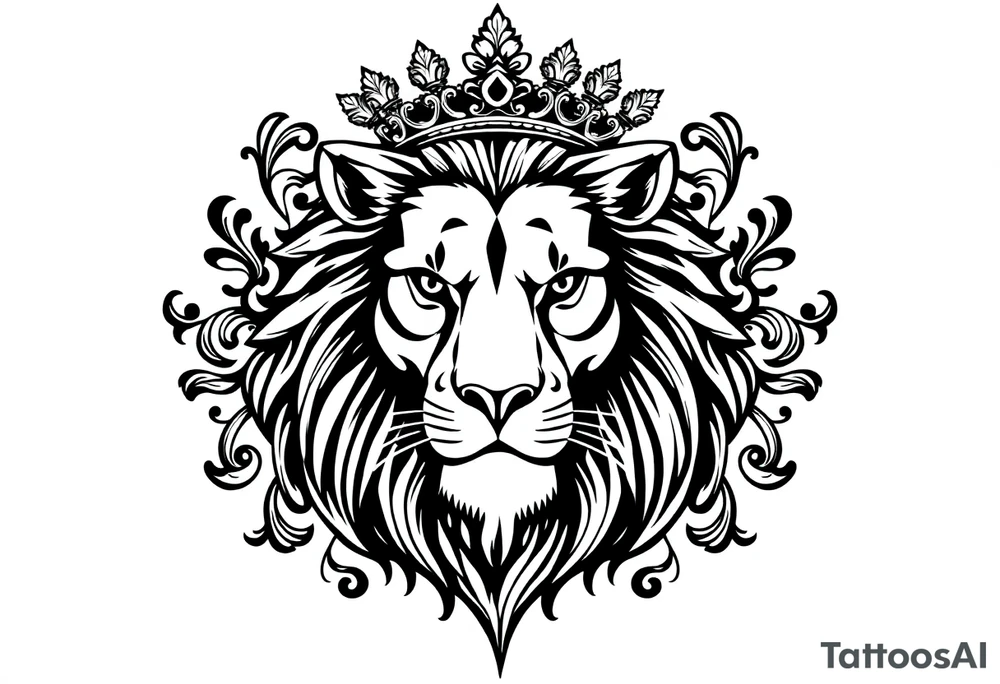 majestic lion wearing ornate crown, surrounded by baroque flourishes tattoo idea