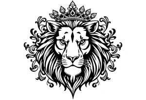 majestic lion wearing ornate crown, surrounded by baroque flourishes tattoo idea