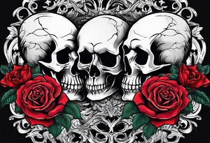 I want three skulls stepped on top of each other melting into each other with the background being roses tattoo idea