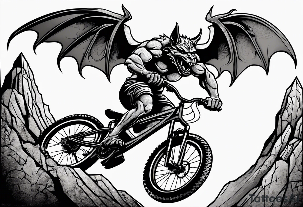 gargoyle riding a full suspension mountain bike with a shadow no landscape tattoo idea