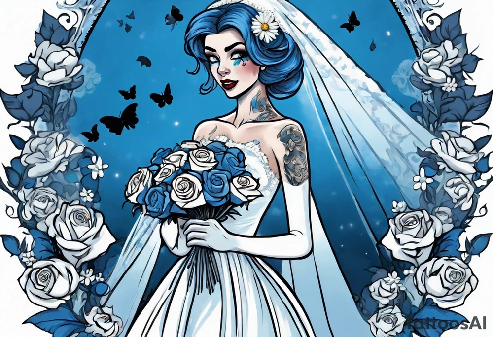 character Emily from the film corps bride. she is wearing a wedding dress. the vail on her head. she is holding a bouquet of blue roses in the middle of the bouquet  there is one white daisy. there is one blue butterfly flying around her. A full moon on the background. tattoo idea