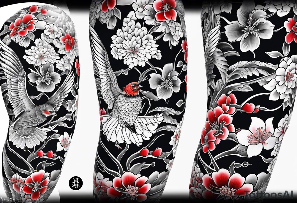 traditional irezumi tattoo. 
 full leg sleeve with the following elements: hawk and cherry blossoms tattoo idea