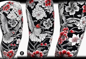 traditional irezumi tattoo. 
 full leg sleeve with the following elements: hawk and cherry blossoms tattoo idea