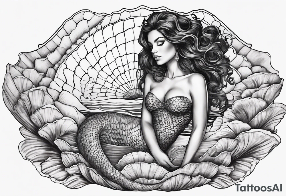 black mermaid in clam shell tattoo idea