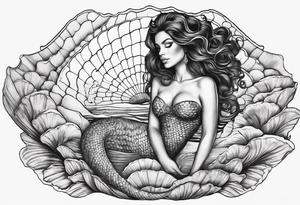 black mermaid in clam shell tattoo idea