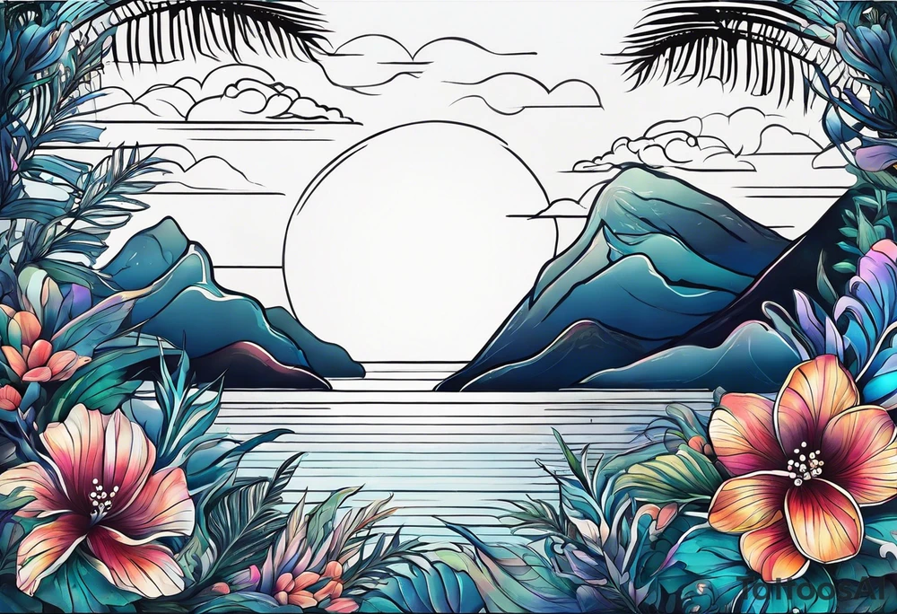 sea,, night, flower, palm, tattoo idea