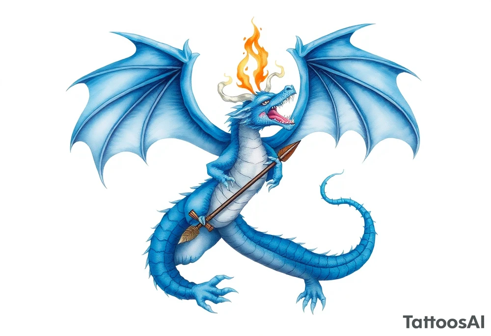 Blue fire breathing dragon with wings spread and an arrow through its chest tattoo idea