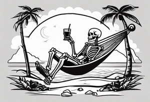 skeleton wearing a button up hawaiian shirt relaxing on the beach with a drink in a hammock tattoo idea