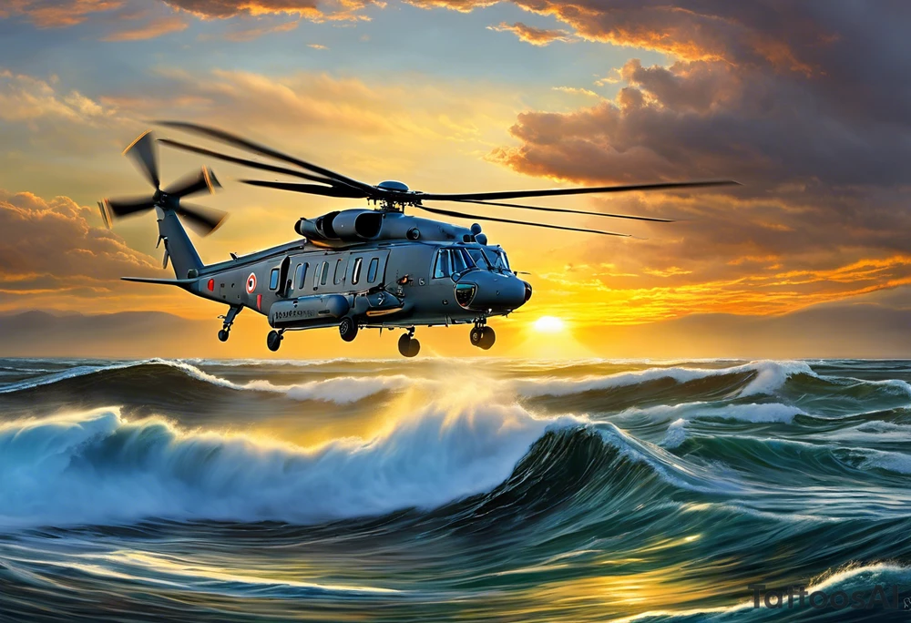Canadian military grey CH-148 Cyclone helicopter soaring low over rough, ocean waves. The sun is setting, casting a dramatic glow on the scene with realistic clouds and a specular reflection of the helicopter on the water. The helicopter should be the main focus, with intricate details and a sense of motion. In the background, a poppy be prominently displayed tattoo idea