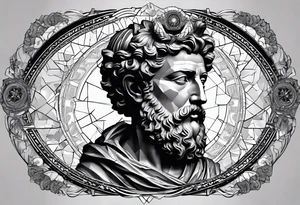 The Face of marcus aurelius with the lower left half missing. He is looking slightly away at 25 degrees. Geometric symbols framing the background tattoo idea