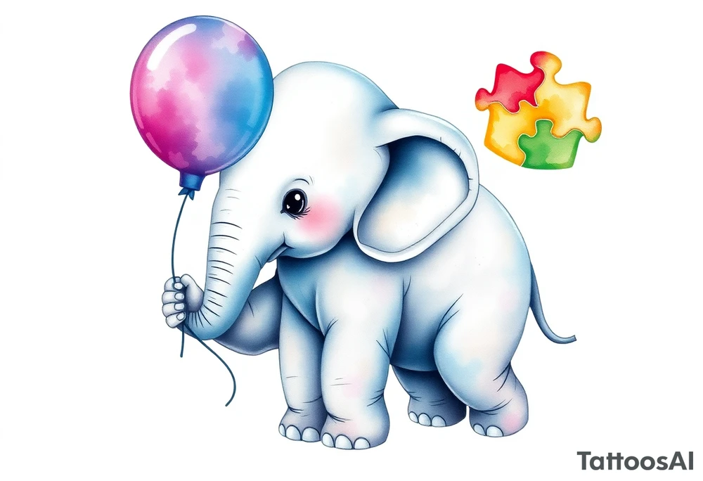 Baby elephant holding autism puzzle balloon tattoo idea