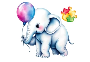 Baby elephant holding autism puzzle balloon tattoo idea