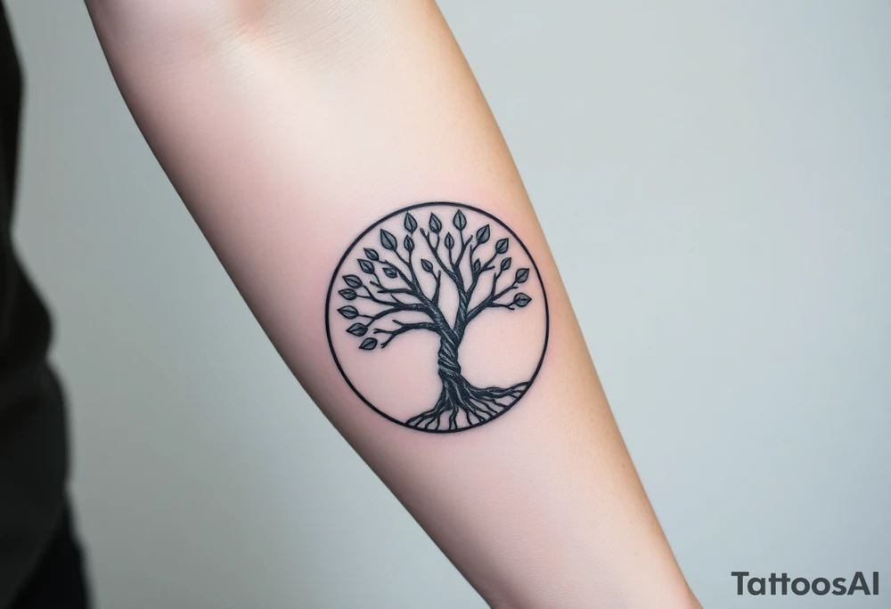 Tree with few leaves, encircled in a circle, with a line starting from the left roots, and spiraling outward in a 
clockwise direction tattoo idea