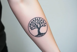 Tree with few leaves, encircled in a circle, with a line starting from the left roots, and spiraling outward in a 
clockwise direction tattoo idea