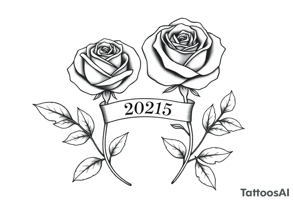 two beautiful large rose buds, one larger than the other, with many leaves next to the rose buds, with one sitting higher than the other. Include a banner connecting the two roses with "2025" on it.   Use dark outlines with little shading. The two stems should be short, not long, and connect and join into one stem, whimsically curved or twisted - not straight down. tattoo idea