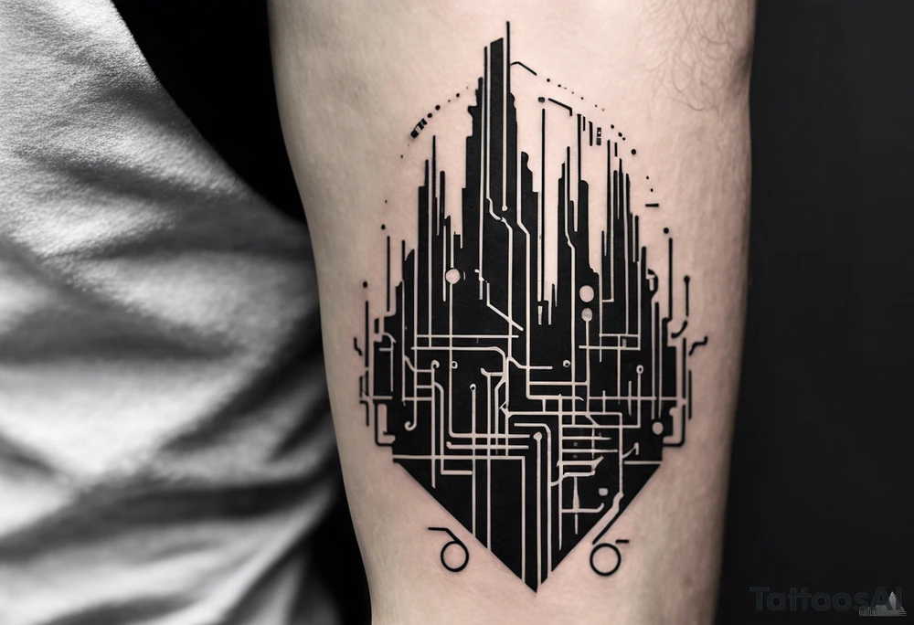 Minimalist cyberpunk tattoo that represent heaven and hell that fits on the upper arm at the shoulder featuring a striking black and white graphic design that is reminiscent of a stylized cityscape or a circuit board. The idea is that it is the human mind that is capable of creating heaven and hell for themselves.The use of geometric shapes and symmetry gives it a modern, almost futuristic look. It incorporates various elements such as vertical lines that could represent skyscrapers or data streams, and clouds that add an organic contrast to the otherwise strict geometric forms.  

The top section has a hexagonal shape that may symbolize a keyhole or a unique central building, drawing the eye as a focal point. This is flanked by what appear to be stars and other celestial or possibly navigational symbols like crosses and circles, which could suggest a cosmic or navigational theme, meshing well with the overall aesthetic of a city or circuitry. The bottom, should have cyberpunk Neurons as they will be merging into another piece on my arm.

The design should gives the impression of looking upwards into the sky or into the depth of a technological construct. The symmetrical layout and the progression from the wider base up to the narrow top endow the piece with a sense of balance and forward motion.

I want a monochromatic palette creates high contrast, emphasizing the interplay between the solid black areas and the white negative space. tattoo idea